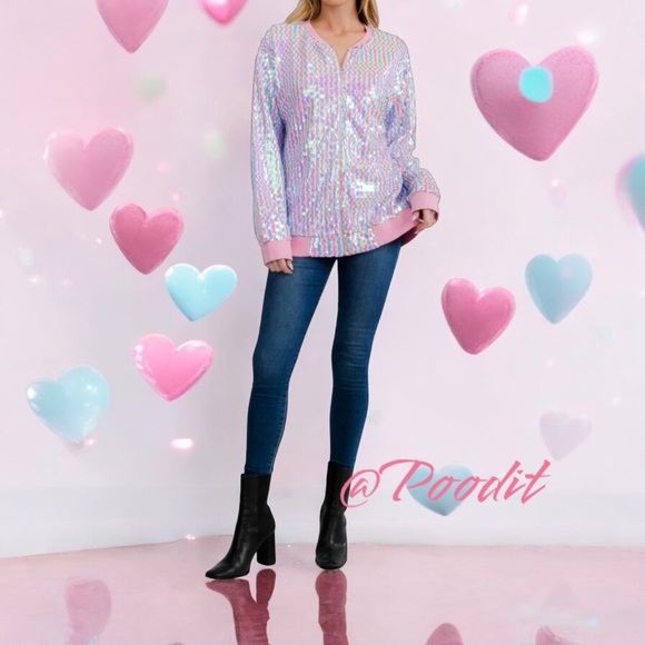 FANTASTIC FAWN Oversized sequin lightweight pink trim jacket S M L - Picture 5 of 8